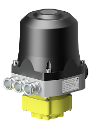 Industrial solenoid valve with black actuator top, gray body, and yellow electrical housing; four port connections on the side.
