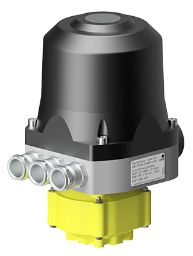 Industrial solenoid valve with a black actuator housing and yellow base, showing four side port fittings on the left.