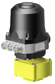 Industrial electric valve actuator mounted on a yellow gearbox with side terminal connections