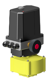 Industrial electric valve actuator mounted on a yellow gearbox, with side wiring ports and a red adjustment knob.