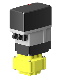 Electric actuator mounted on a yellow industrial valve for process piping actuation