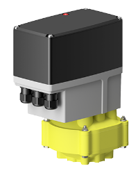 Industrial electric valve actuator: black rectangular housing atop a gray actuator body with a yellow gear/gearbox housing at the bottom, used to open or close a valve.